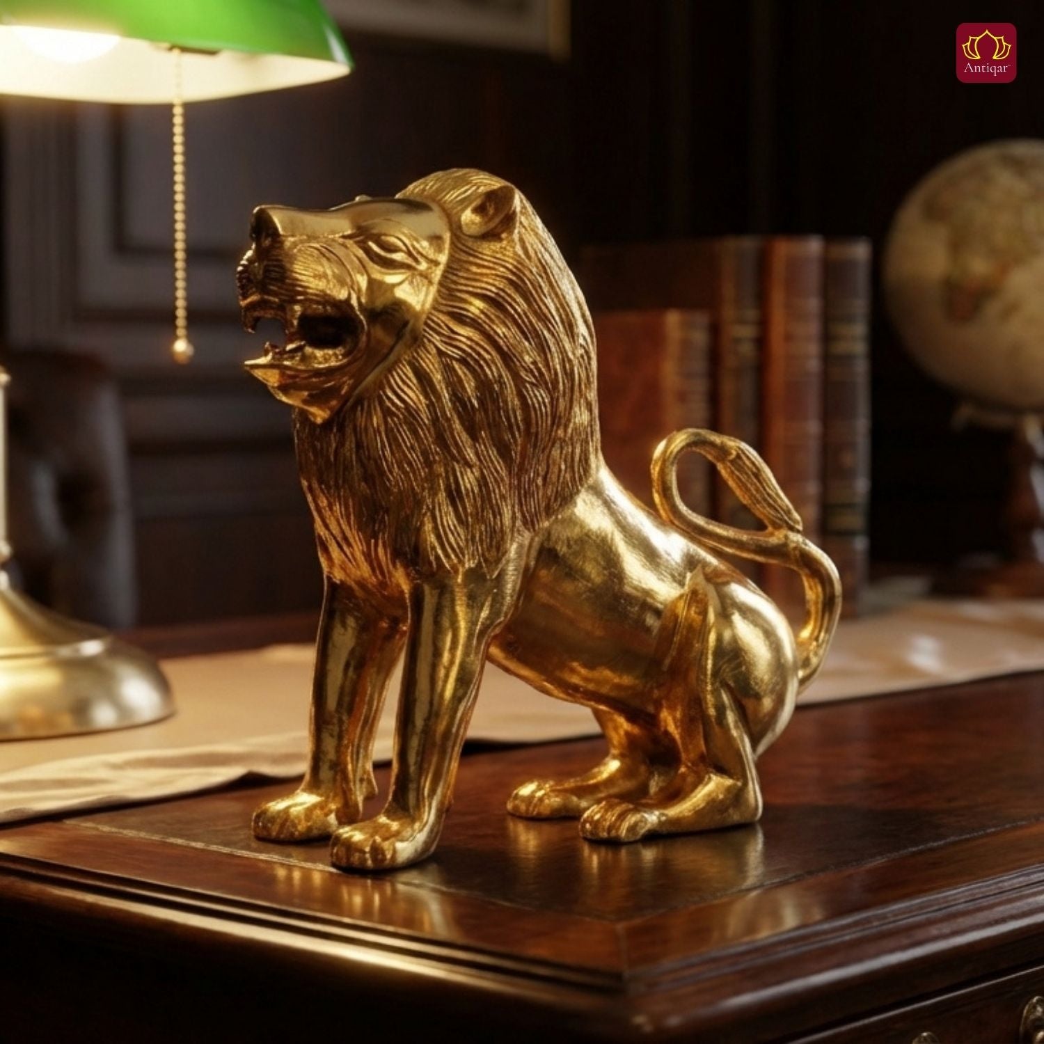 Antiqar Lion Pure Brass Figurine | Handicraft Artwork | Superfine Golden Finish | Home & Office Décor | Ideal for Gifting | Height 20cm