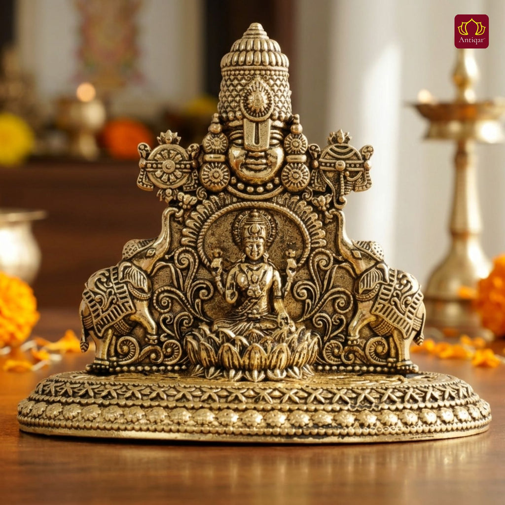 Brass Tirupathi Balaji & Goddess Gajalakshmi with Vaishnava Symbols - 4.5cm | Golden Finish | Spritual use for Home, Temple & Car dashboard Decor