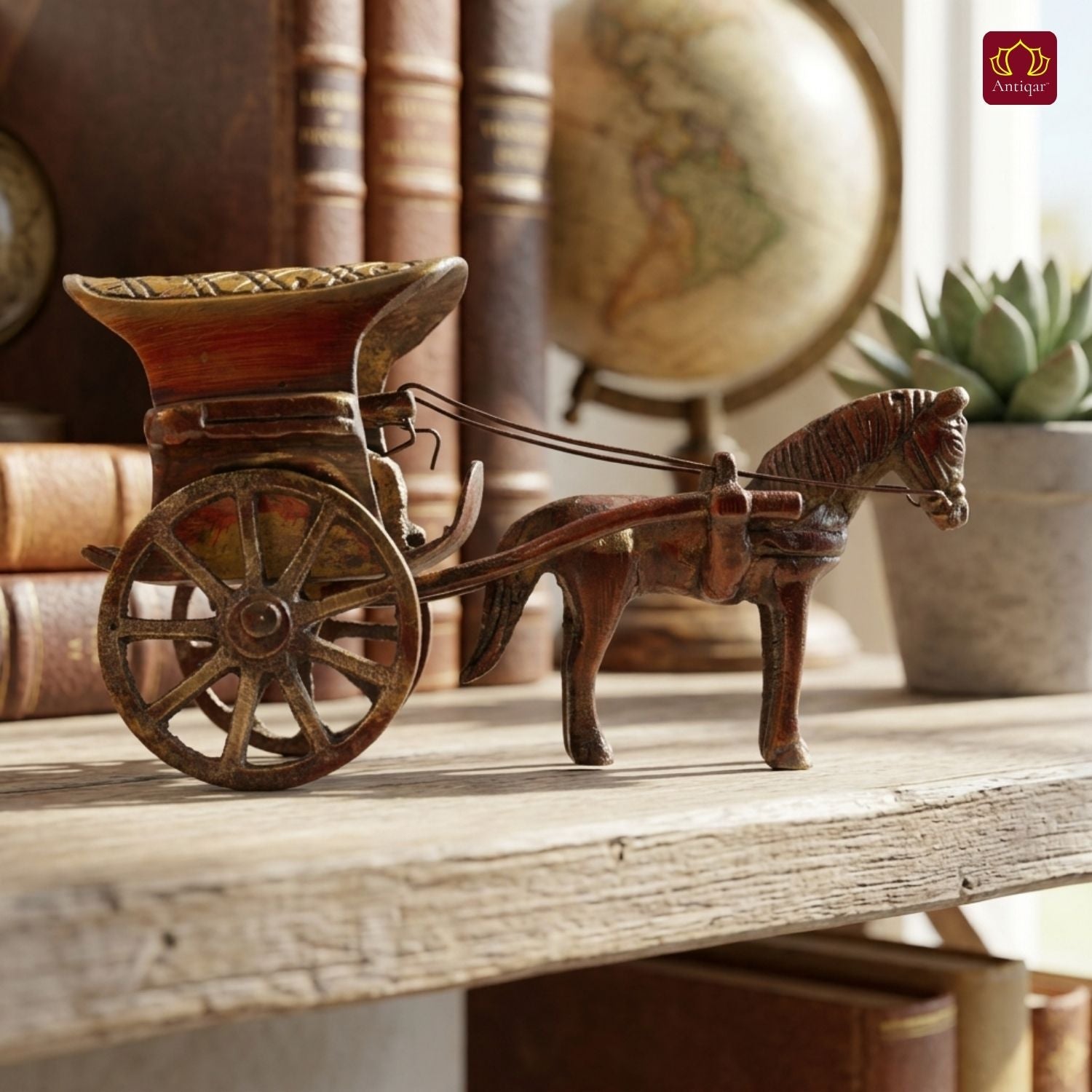Brass Horse Cart Showpiece – 7.5 cm | Single Horse with Carved Roof | Antique Brown Colored Finish | Handcrafted Decor for Festival, Temple & Home