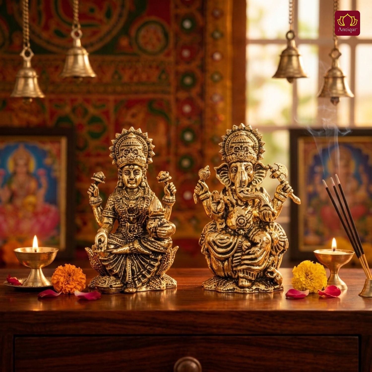 Brass Ganesh Laxmi Pair Idol - 4 cm | Golden Finish | Spiritual Idol for Temple & Home Decor