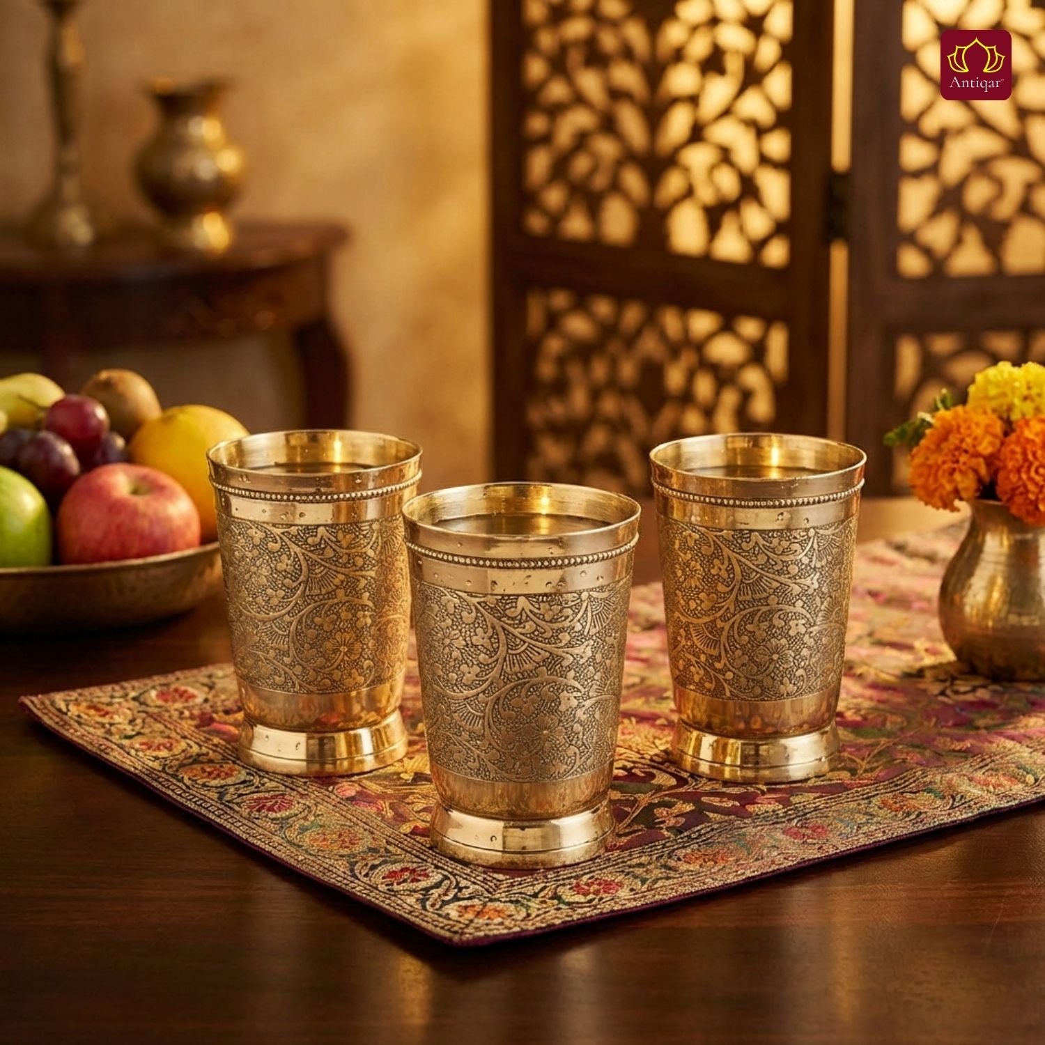 Brass Etching Design Glass - 10.5cm | Serve water & Milks | Antique Golden Finish | Traditional Mughlai Style use for serving in Kitchen, Festivals and Restaurents  (Pack of 3 set)
