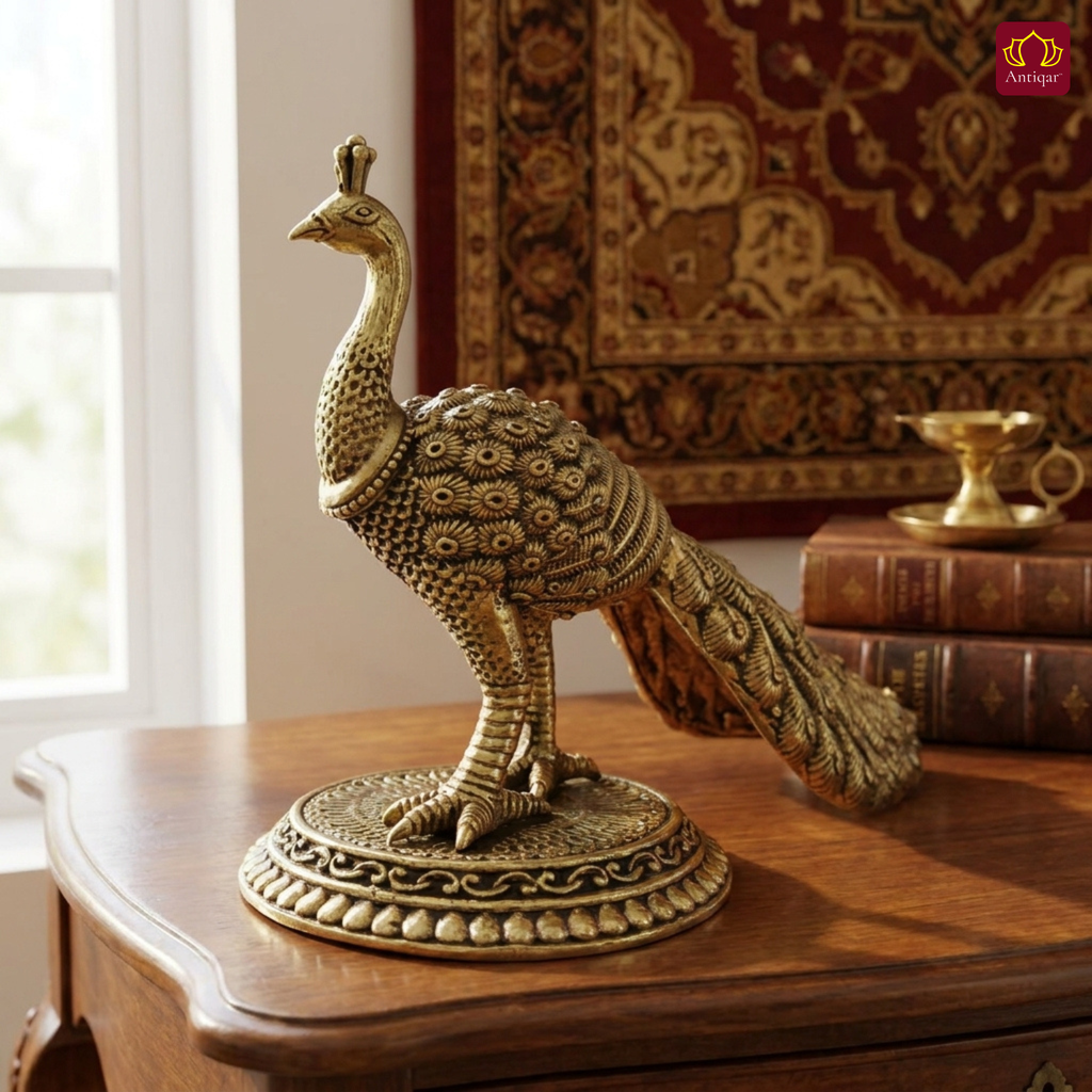 Brass Peacock Showpiece – 8 cm | Antique Finish | Handcrafted Decor for Temple, Table & Home