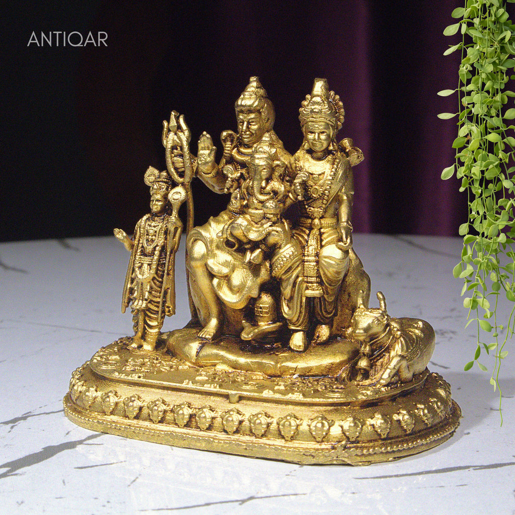 Brass Shiv Parivar Idol - 7.5cm | Antique Golden Finish | Spiritual Idol for Temple & Home Decor