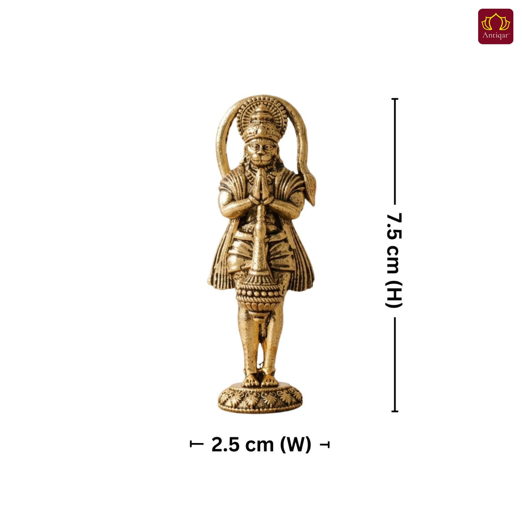Brass Standing Hanuman Ji Idol - 7.5cm | Golden Finish | Handcrafted Statue for Temple, Home Decor & Car Dashboard