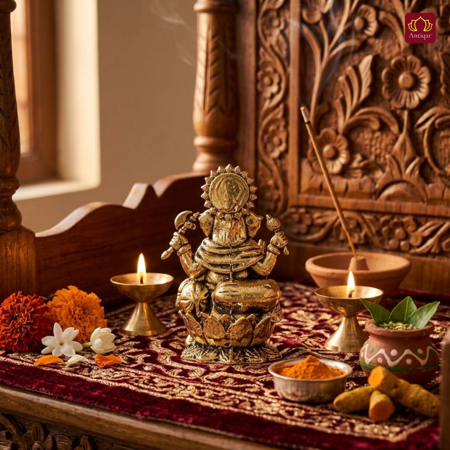 Brass Ganesh JI Idol - 4cm | Golden Finish | Spiritual Decor for Temple, Home & Car Dashboard