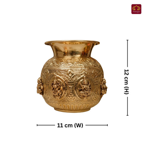 Brass Ashta Lakshmi Kalash - 12cm | Antique Yellow Finish | Spritual use for Pooja, Temple & Festival Decor