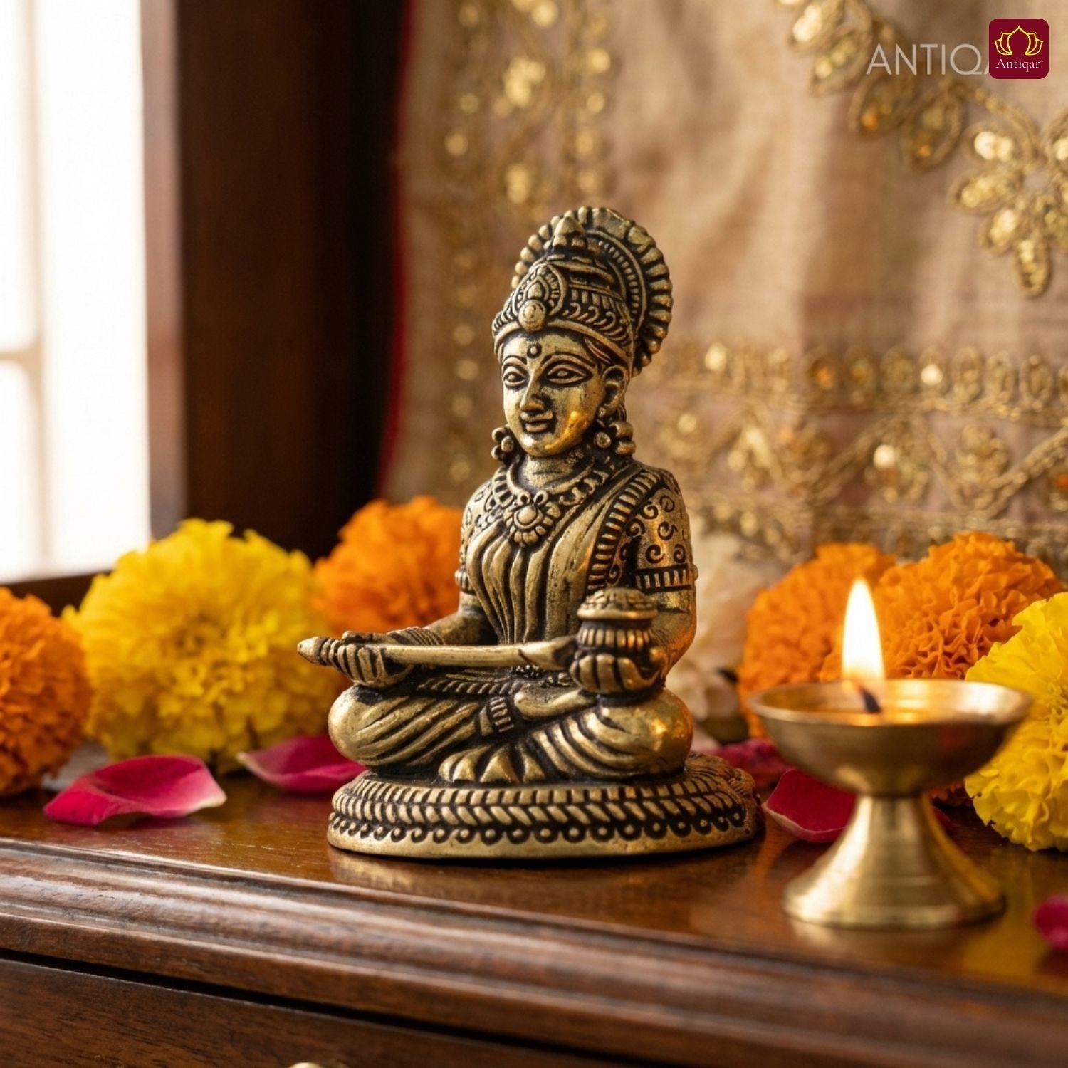 Brass Annapurna Devi Idol - 4cm | Antique Finish | Spiritual Idol for Temple & Home Decor