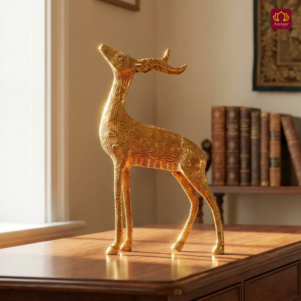 Antiqar Brass Deer Figurine with Antlers | Premium Superfine Finish | Handcrafted Artwork | Home & Office Décor | Ideal for Gifting