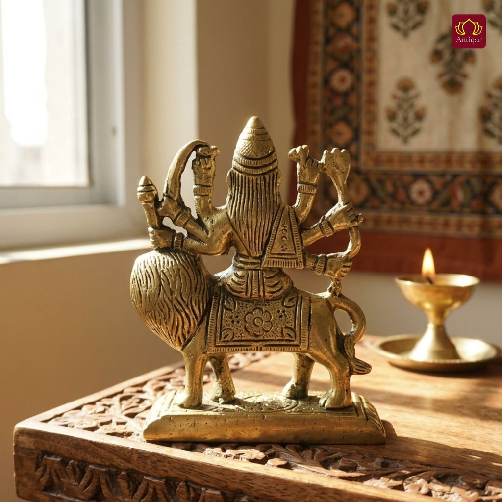 Brass Sherawali Mata Idol – 10 cm | Sitting on Lion | Black Antique Finish | Handcrafted Idol for Temple, Home & Car Dashboard Decor