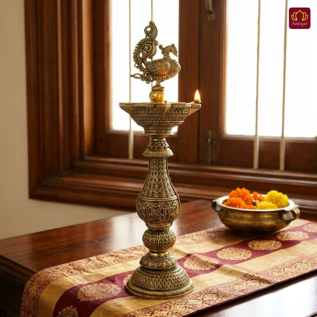 Brass Peacock Oil Lamp –20 cm | Antique Finish | Handcrafted Decor for Temple, Table & Home