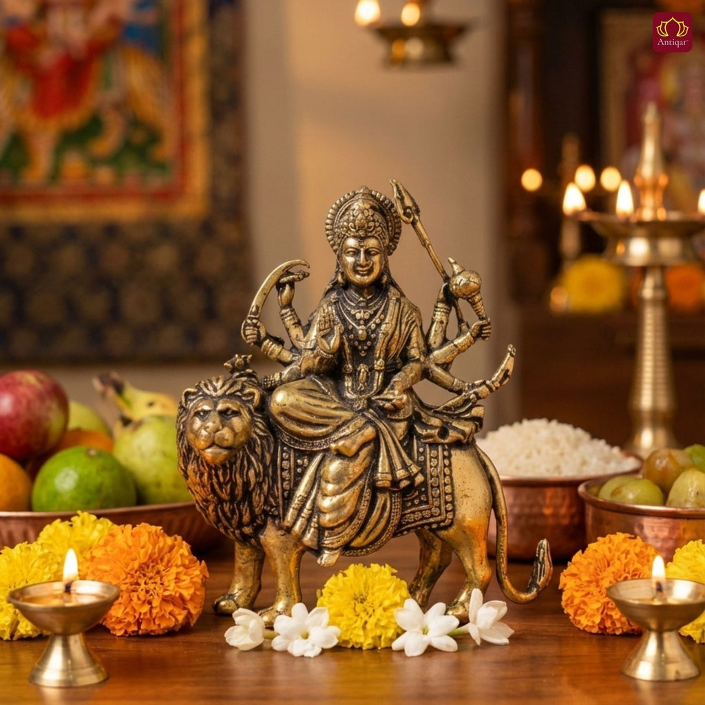 Brass Sherawali Maa Idol - 7.5cm | Sitting on Lion | Antique Golden Finish | Spiritual Idol for Temple & Home Decor