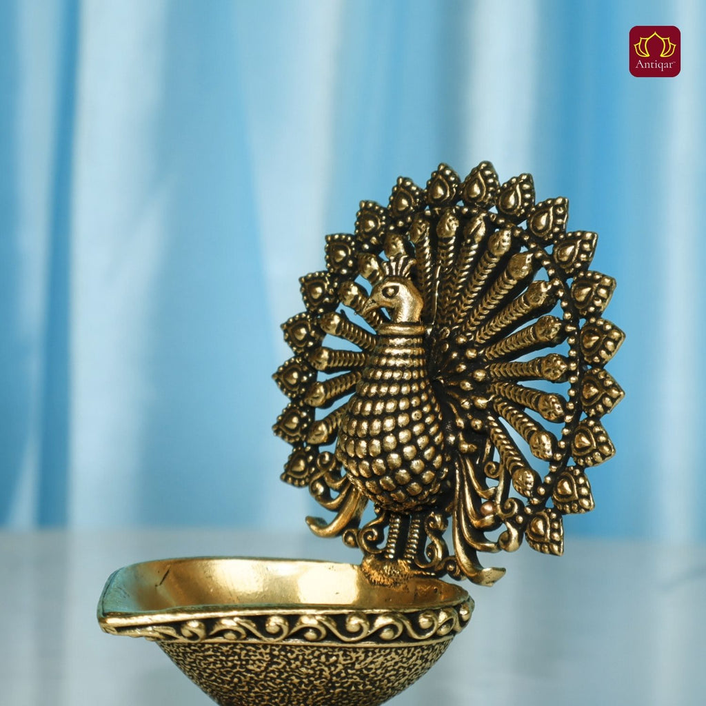 Brass Dancing Peacock on Diya - 7.5cm | Antique Finish | Spritual use for Pooja, Temple & Festival Decor