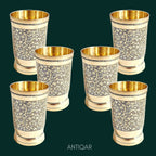 Brass Etching Design Glass - 10.5cm | Serve water & Milks | Antique Golden Finish | Traditional Mughlai Style use for serving in Kitchen, Festivals and Restaurents  (Pack of 6 set)