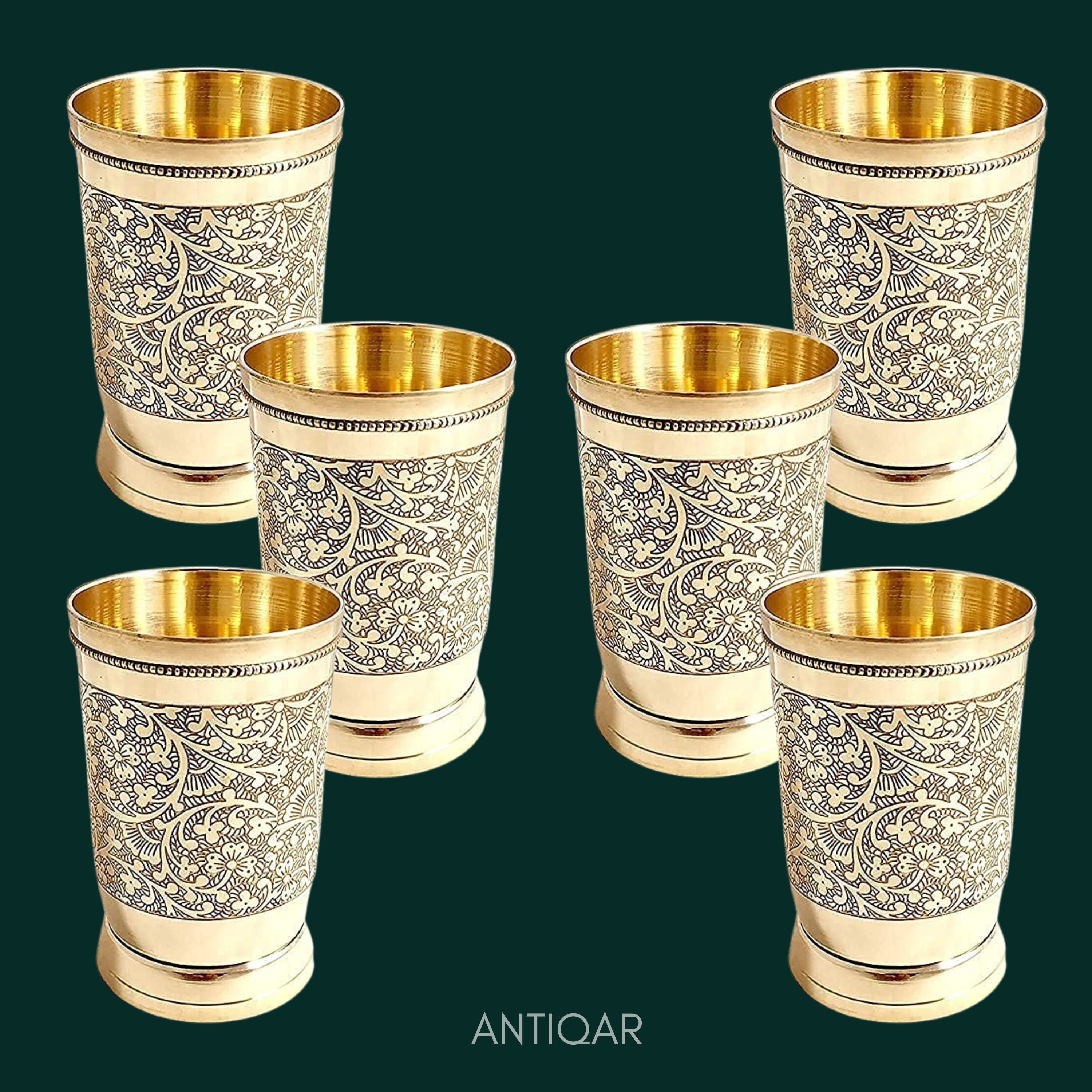 Brass Etching Design Glass - 10.5cm | Serve water & Milks | Antique Golden Finish | Traditional Mughlai Style use for serving in Kitchen, Festivals and Restaurents  (Pack of 6 set)
