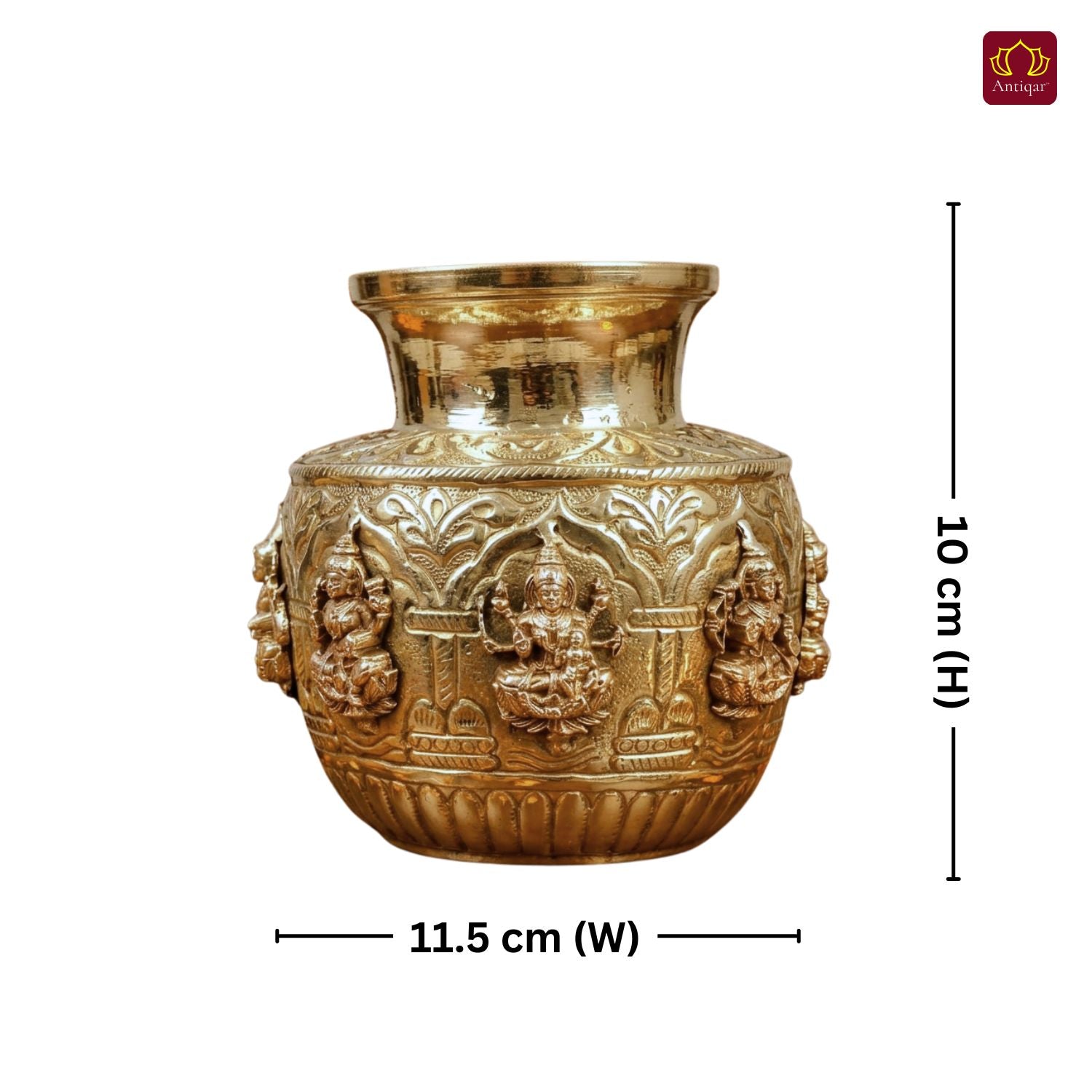Brass Ashta Lakshmi Kalash - 11.5cm | Antique Yellow Finish | Spritual use for Pooja, Temple & Festival Decor