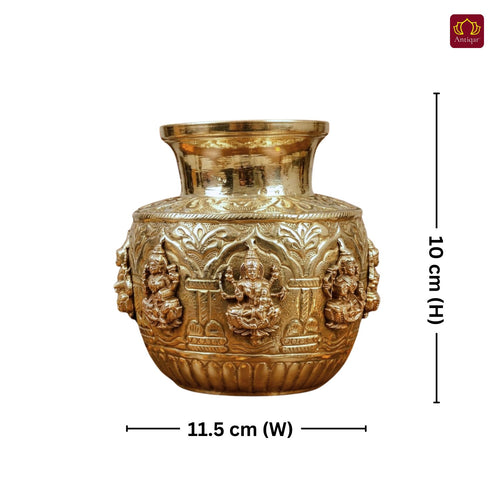 Brass Ashta Lakshmi Kalash - 11.5cm | Antique Yellow Finish | Spritual use for Pooja, Temple & Festival Decor