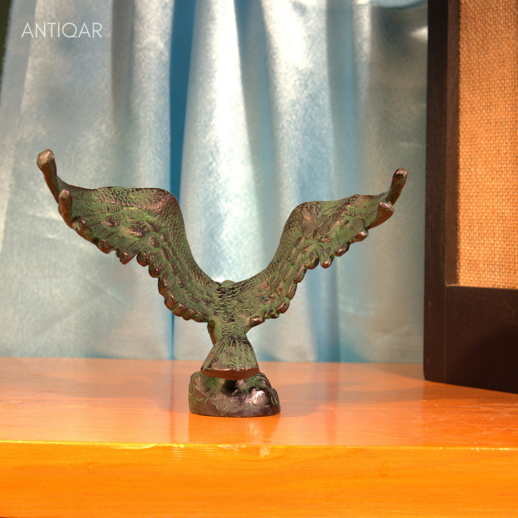 Brass Eagle with Spread Wing - 12cm | Black Green Patina Finish | Handcrafted Showpiece for Home Table Decor