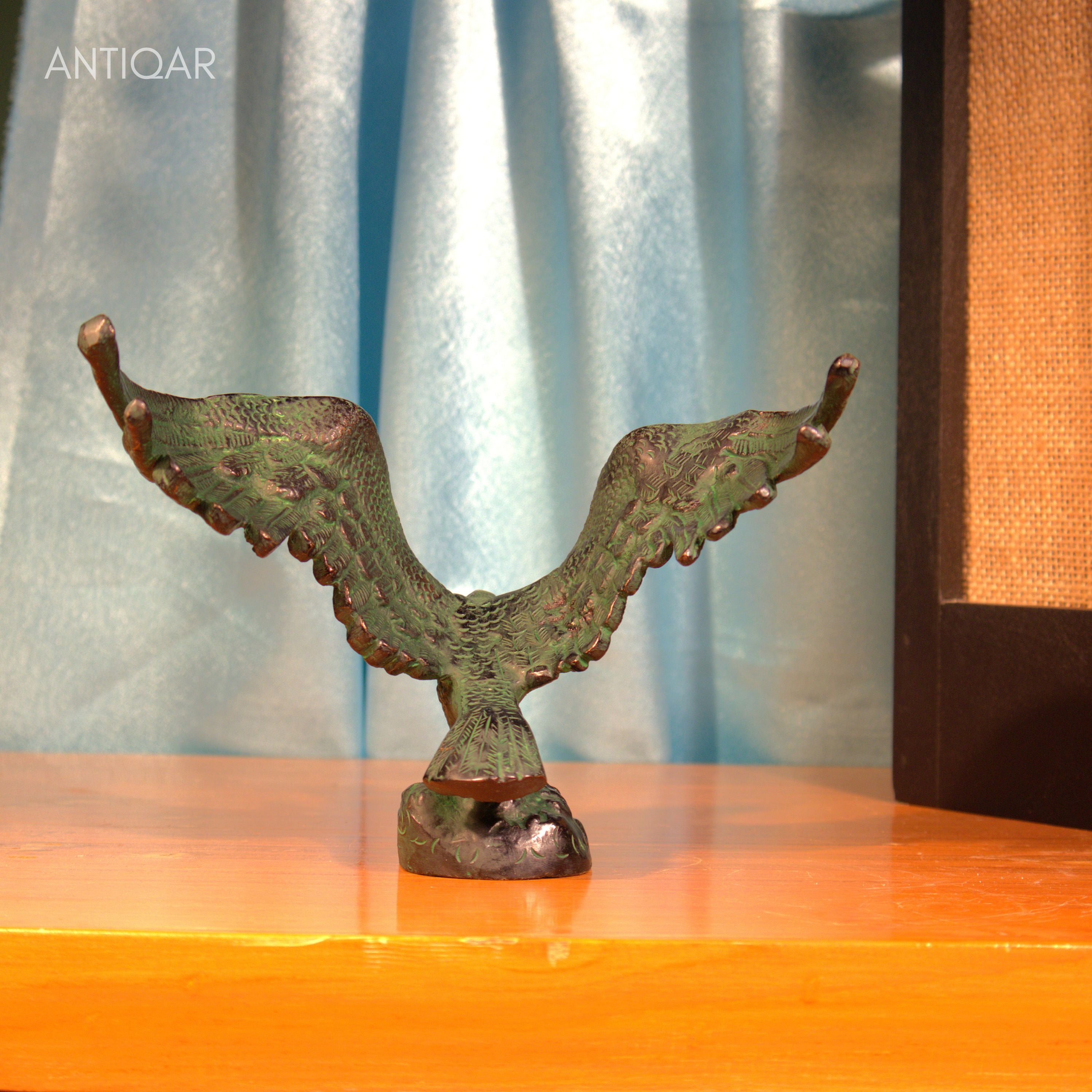 Brass Eagle with Spread Wing - 12cm | Black Green Patina Finish | Handcrafted Showpiece for Home Table Decor