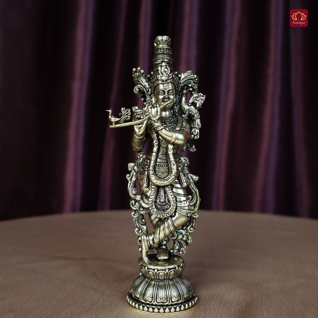 Brass Lord Krishna Idol Playing with Flute - 15cm | Antique Finish | Handcrafted Artwork | Home & Office Decor | Ideal for Gifting & Spiritual Blessings