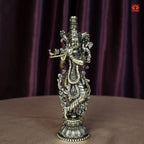 Brass Lord Krishna Idol Playing with Flute - 15cm | Antique Finish | Handcrafted Artwork | Home & Office Decor | Ideal for Gifting & Spiritual Blessings