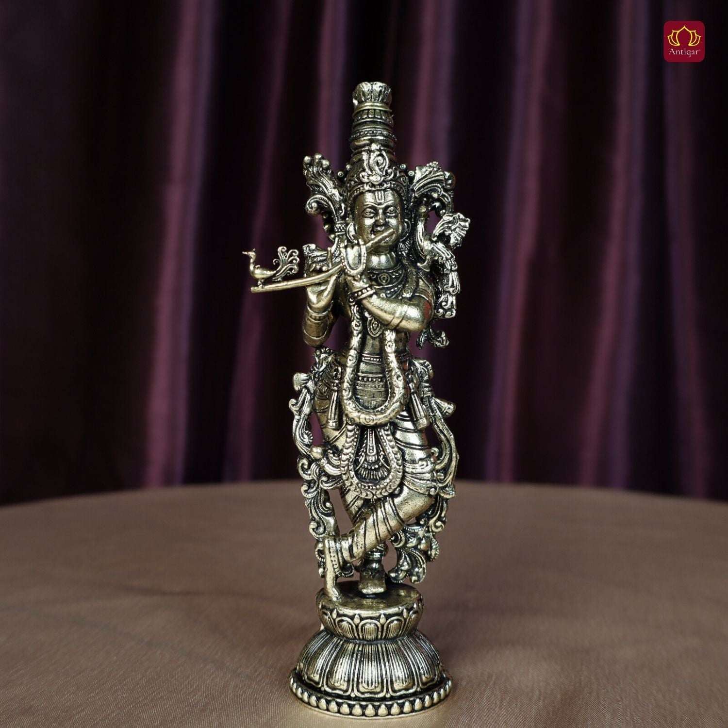 Brass Lord Krishna Idol Playing with Flute - 15cm | Antique Finish | Handcrafted Artwork | Home & Office Decor | Ideal for Gifting & Spiritual Blessings