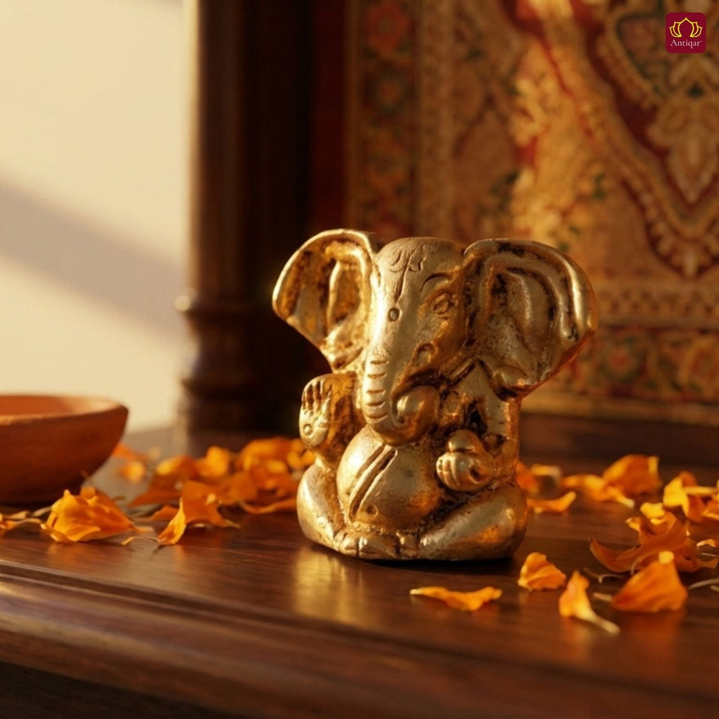 Brass Appu Ganesha Idol – 5 cm | Sitting Position | Antique Golden Finish | Handcrafted Decor for Temple, Home & Festival Use