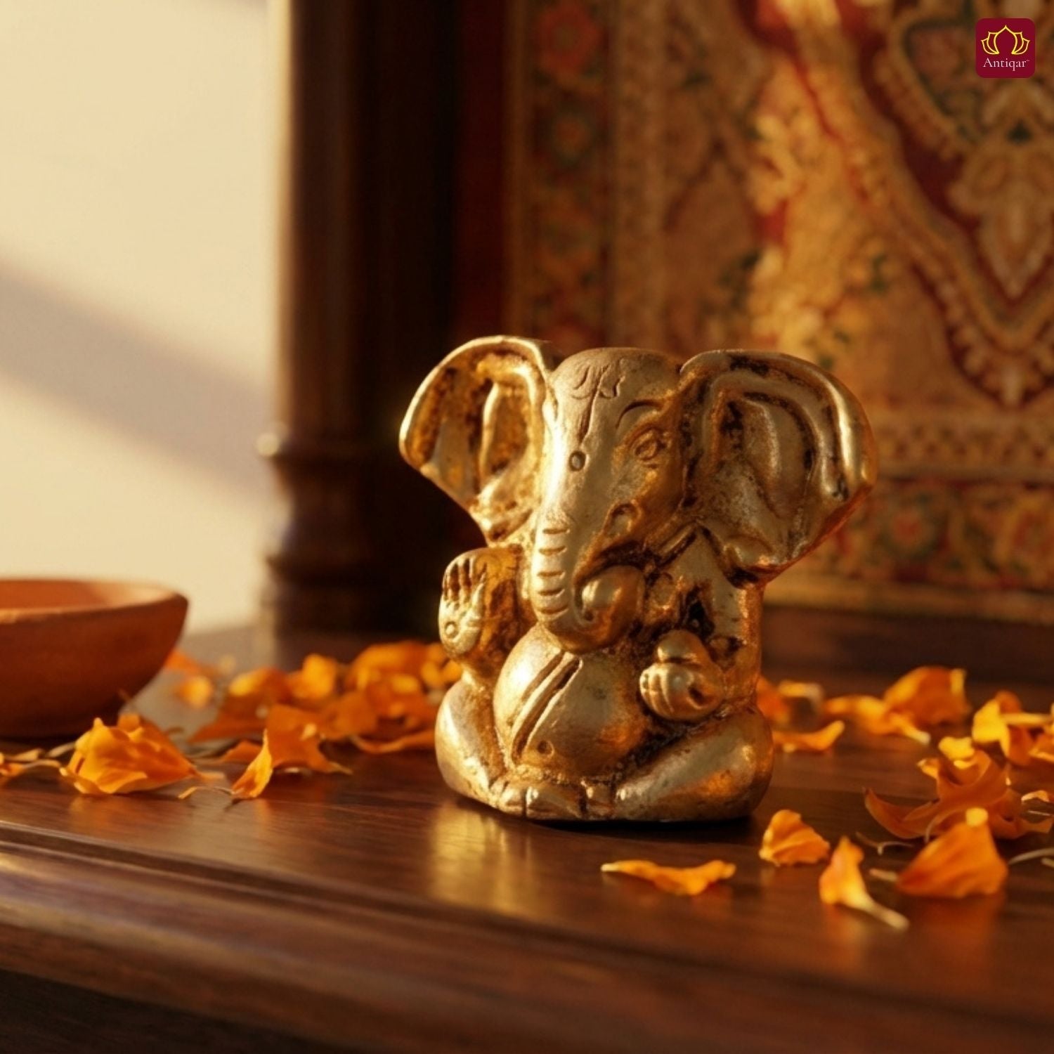 Brass Appu Ganesha Idol – 5 cm | Sitting Position | Antique Golden Finish | Handcrafted Decor for Temple, Home & Festival Use