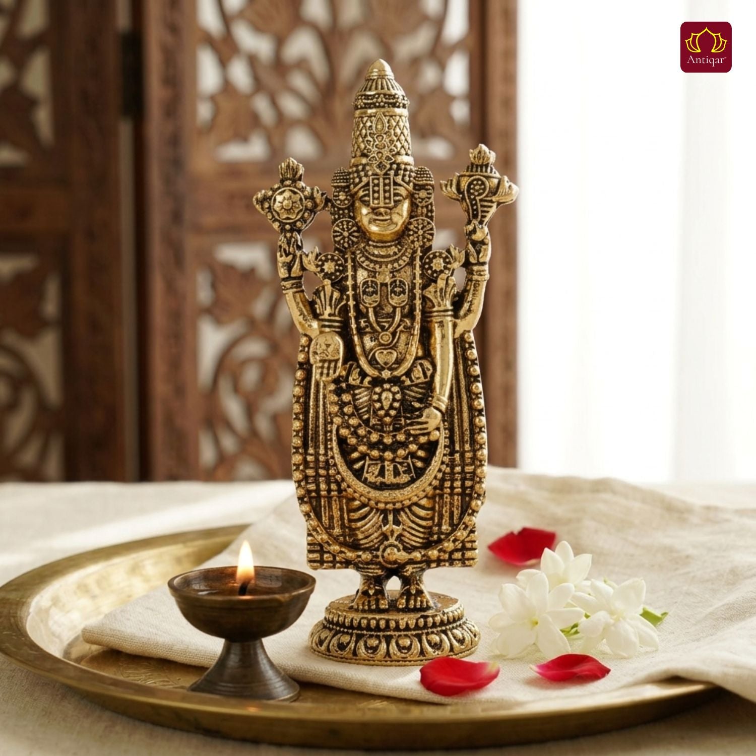 Brass Tirupathi Balaji Idol - 10cm | Golden Finish | Handcrafted Idol for Temple, Home & Car Dashboard