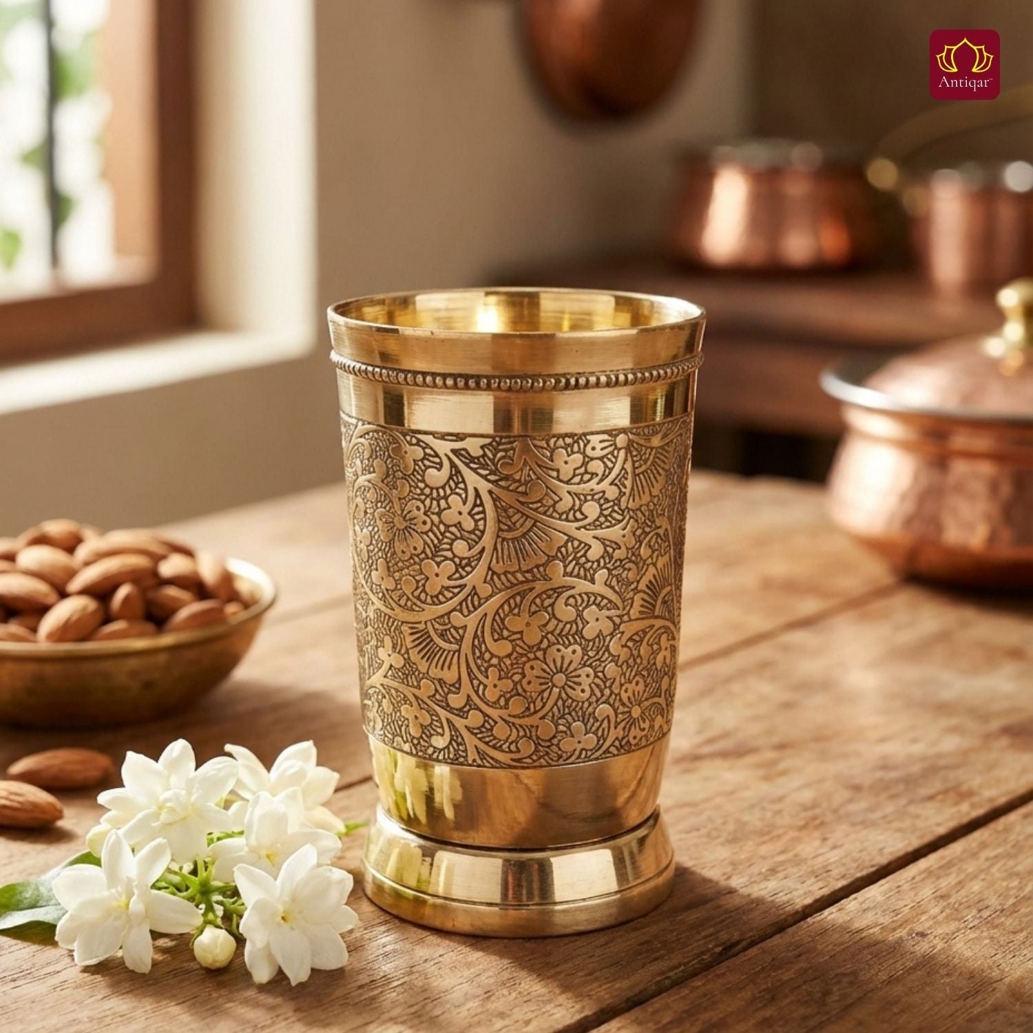 Brass Etching Design Glass - 10.5cm | Serve water & Milks | Antique Golden Finish | Traditional Mughlai Style use for serving in Kitchen, Festivals and Restaurents
