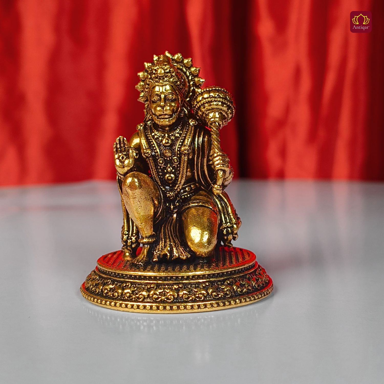 Brass Vintage Base Sitting Hanuman Ji Idol – 6cm | Antique Finish | Spiritual Idol for Temple, Home & Car Dashboard Decor