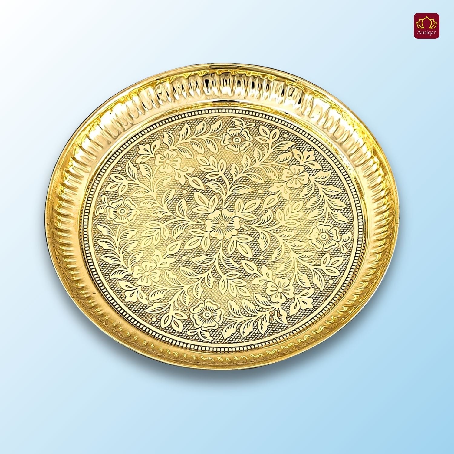 Brass Etching Floral Design Plate - 2.5cm | Serve Main Course items in Lunch & Dinner | Antique Golden Finish | Traditional Mughlai Style use for serving in Kitchen, Festivals and Restaurents