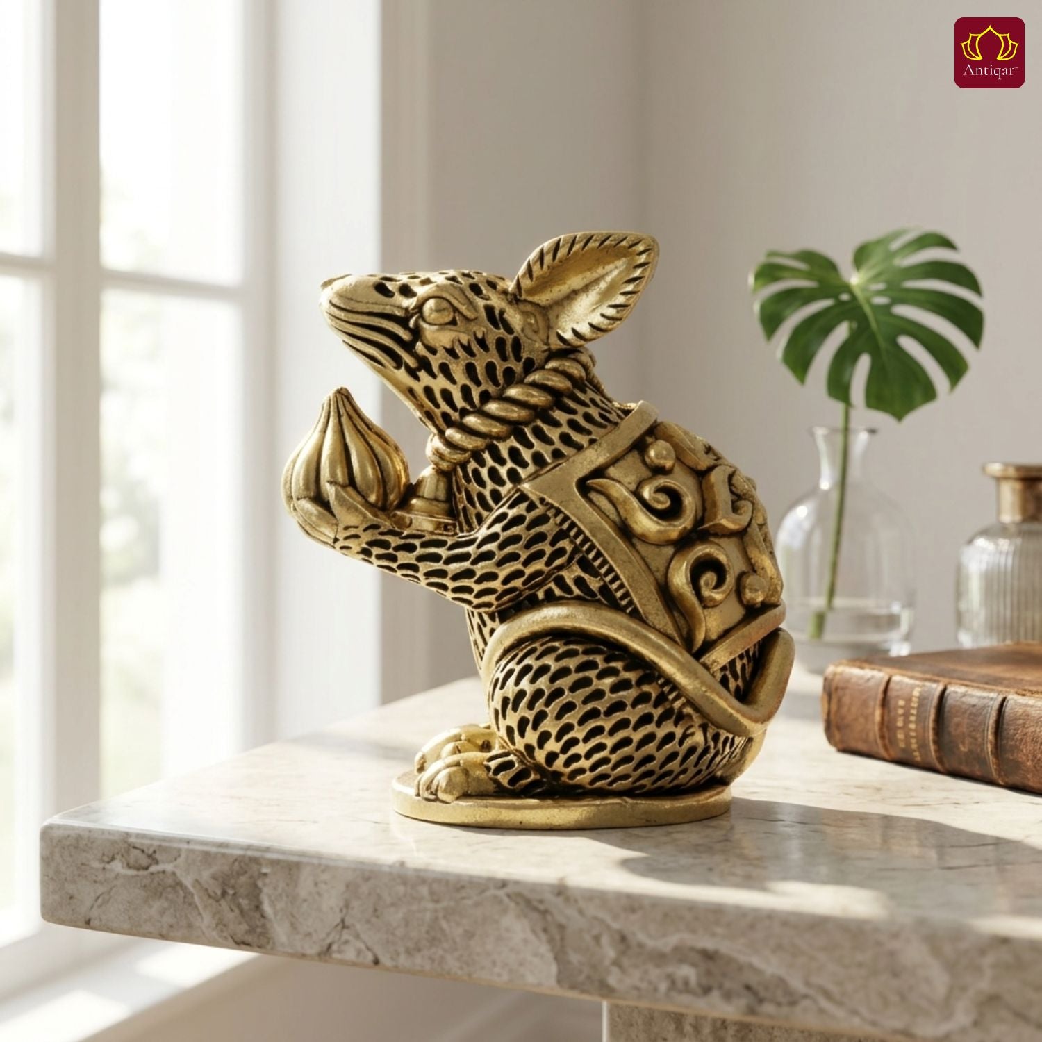 Brass Mooshak Raj (Rat ) Idol – 7.5 cm | Antique Golden Finish | Spiritual Use for Home, Temple & Car Dashboard Decor