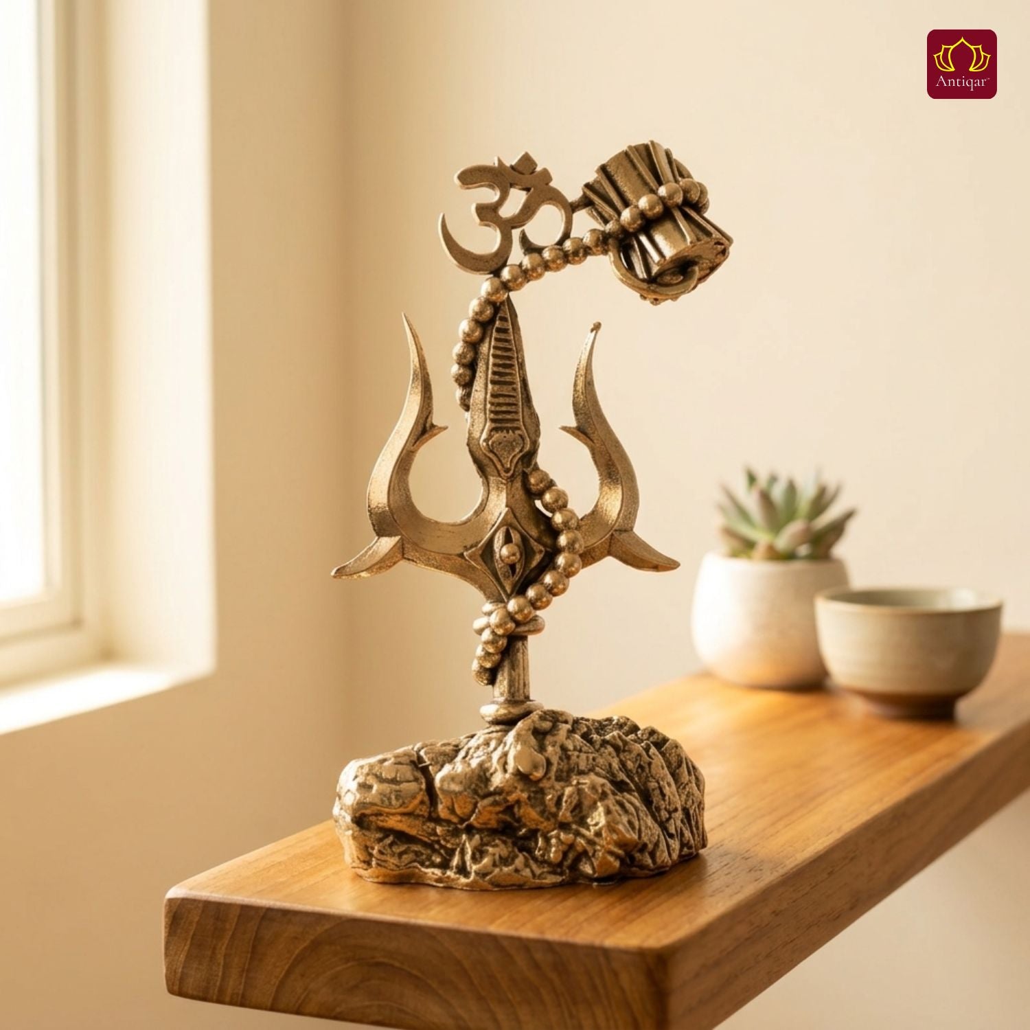 Brass Trisul with Om & Damru - 10.5cm | Antique  Golden Finish | Handcrafted for Pooja Temple & Festival Decor