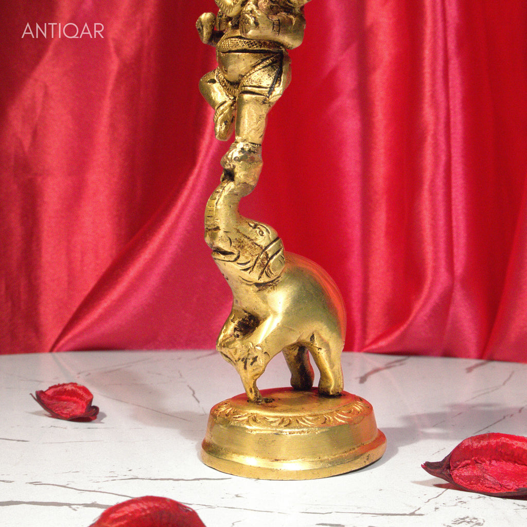 Brass Dancing Ganesha on Elephant Trunk up with Diya - 17cm | Antique Golden Finish | Handcrafted  for Pooja Temple,Home Festval Decor