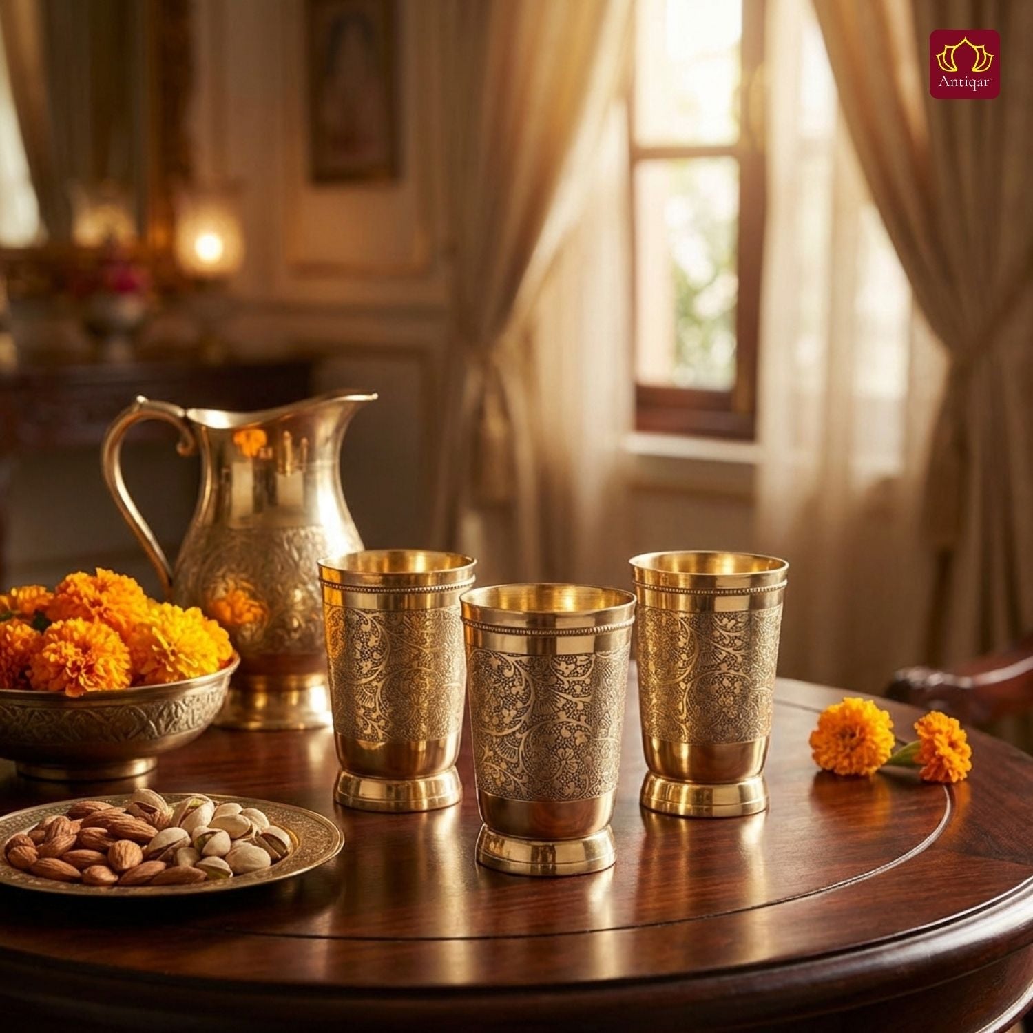 Brass Etching Design Glass - 10.5cm | Serve water & Milks | Antique Golden Finish | Traditional Mughlai Style use for serving in Kitchen, Festivals and Restaurents  (Pack of 3 set)