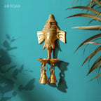 Brass Ganesh Head Wall Hanging – 23 cm | With Diya & Three Bells | Antique Golden Finish | Handcrafted Spiritual Decor for Temple, Home & Wall