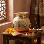 Brass Ashta Lakshmi Kalash - 12cm | Antique Yellow Finish | Spritual use for Pooja, Temple & Festival Decor