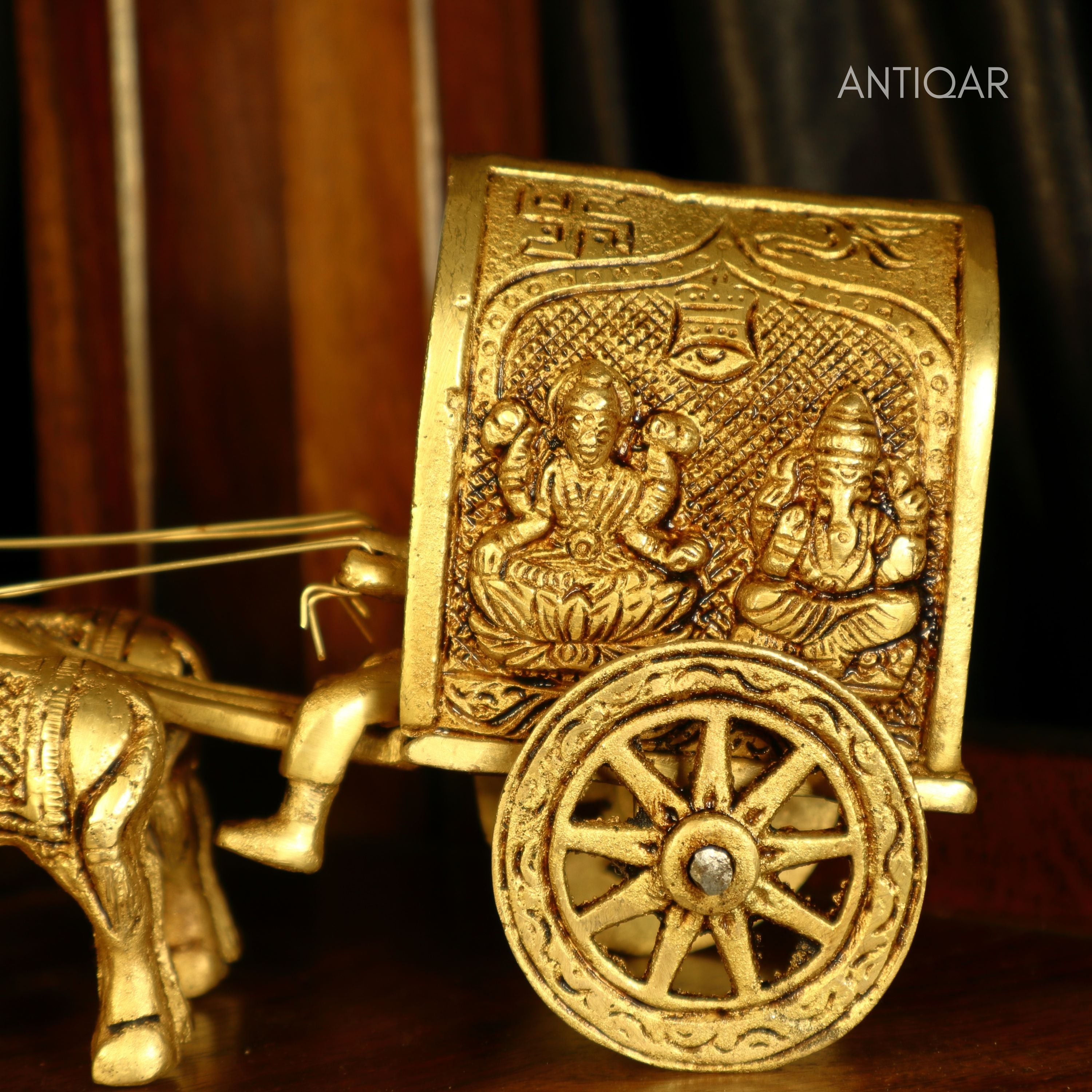 Brass Bullock Cart Showpiece – 10 cm | With Lakshmi & Ganesh Carving on Sides | Antique Golden Finish | Handcrafted Decor for Temple, Home & Festival Use