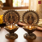 Brass Dancing Peacock on Diya - 7.5cm | Antique Finish | Spritual use for Pooja, Temple & Festival Decor (Pack of 2)