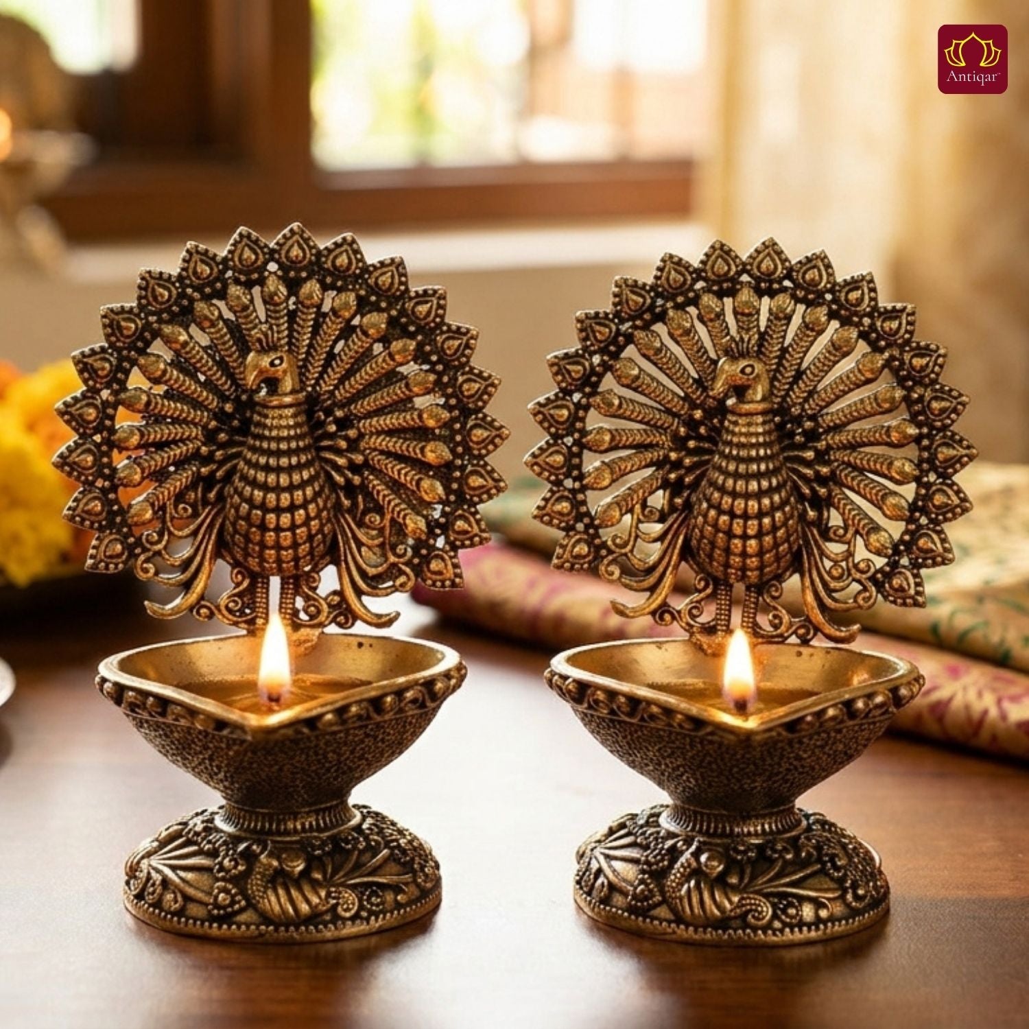 Brass Dancing Peacock on Diya - 7.5cm | Antique Finish | Spritual use for Pooja, Temple & Festival Decor (Pack of 2)