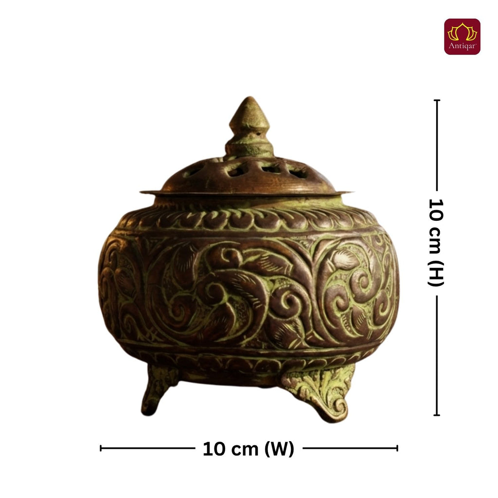 Brass Tibetan Incense Burner - 10cm | Green Patina Finish | Decorative Vessel use for Meditation , Rituals & Aromatherapy
