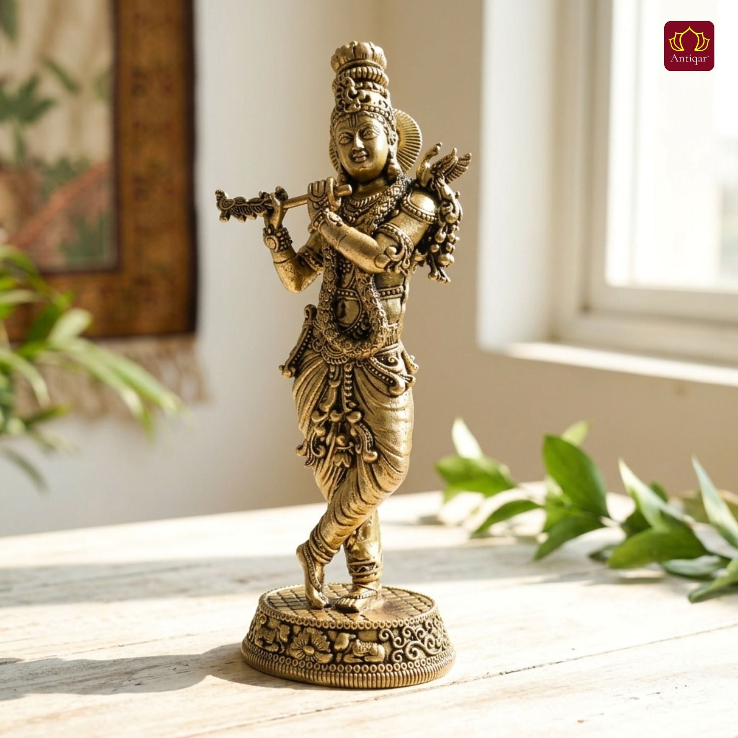Brass Lord Krishna Idol Playing with Flute - 16.5cm | Antique Finish | Handcrafted Artwork | Home & Office Decor | Ideal for Gifting & Spiritual Blessings