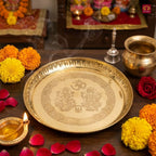 Brass Pooja Plate - 15.5cm diameter | Etched Design with Ganesh Laxmi, Diya & Shubh Labh | Ideal for Temple & Home Rituals