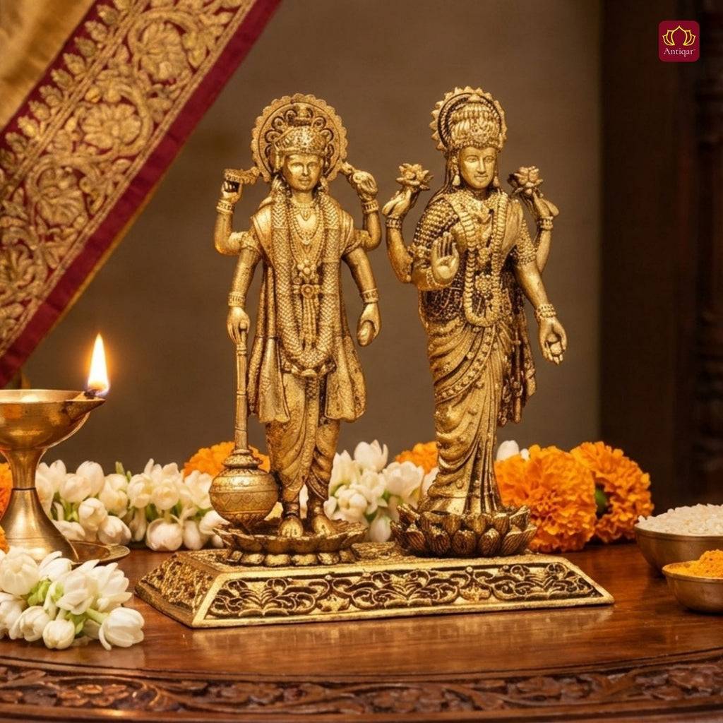 Brass Laxmi Narayan pair Idol - 8cm | Standing on Lotus | Antique Finish | Spiritual Idol for Temple & Home Decor