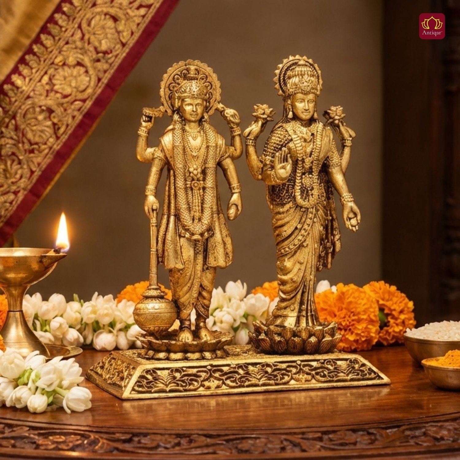 Brass Laxmi Narayan pair Idol - 8cm | Standing on Lotus | Antique Finish | Spiritual Idol for Temple & Home Decor