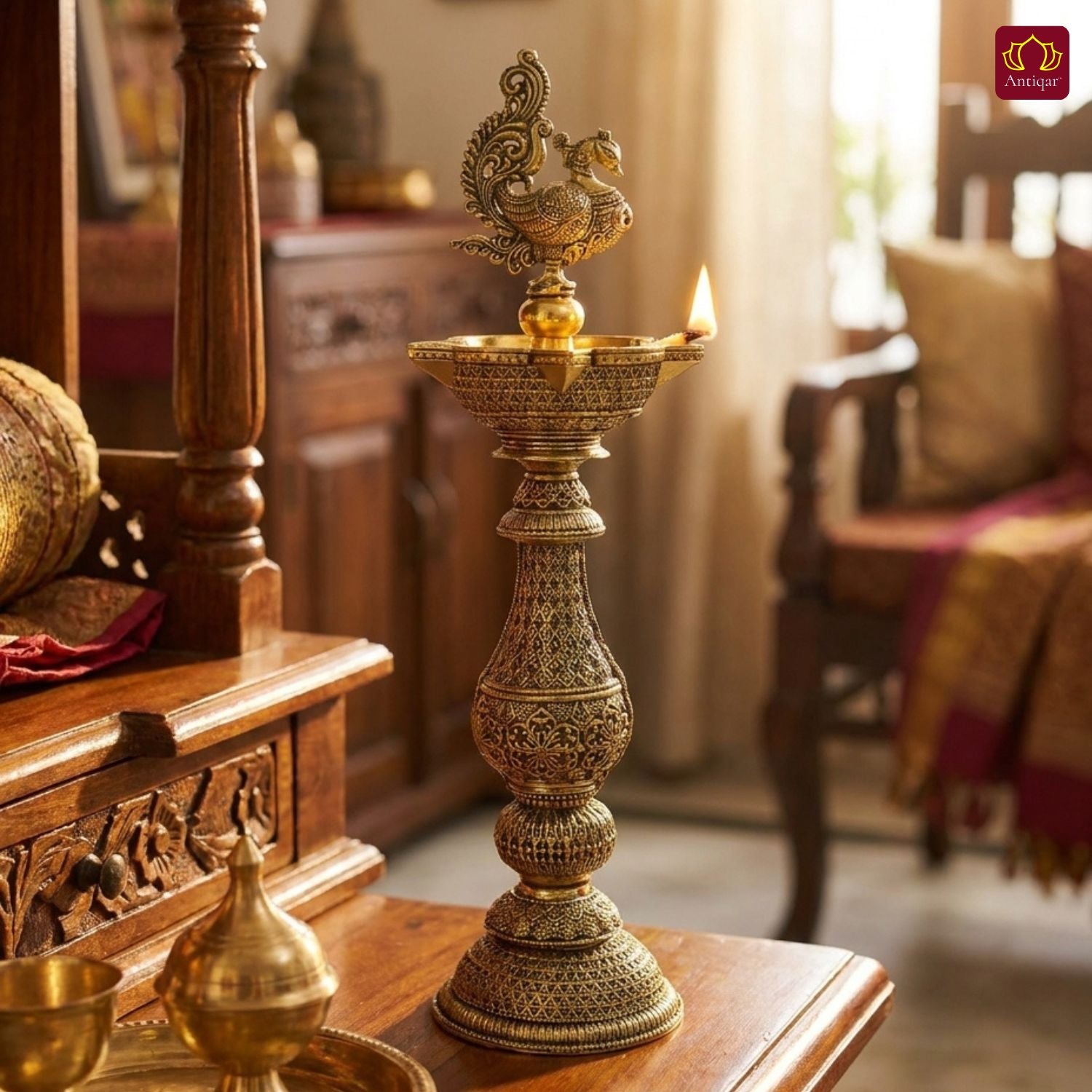 Brass Peacock Oil Lamp –20 cm | Antique Finish | Handcrafted Decor for Temple, Table & Home