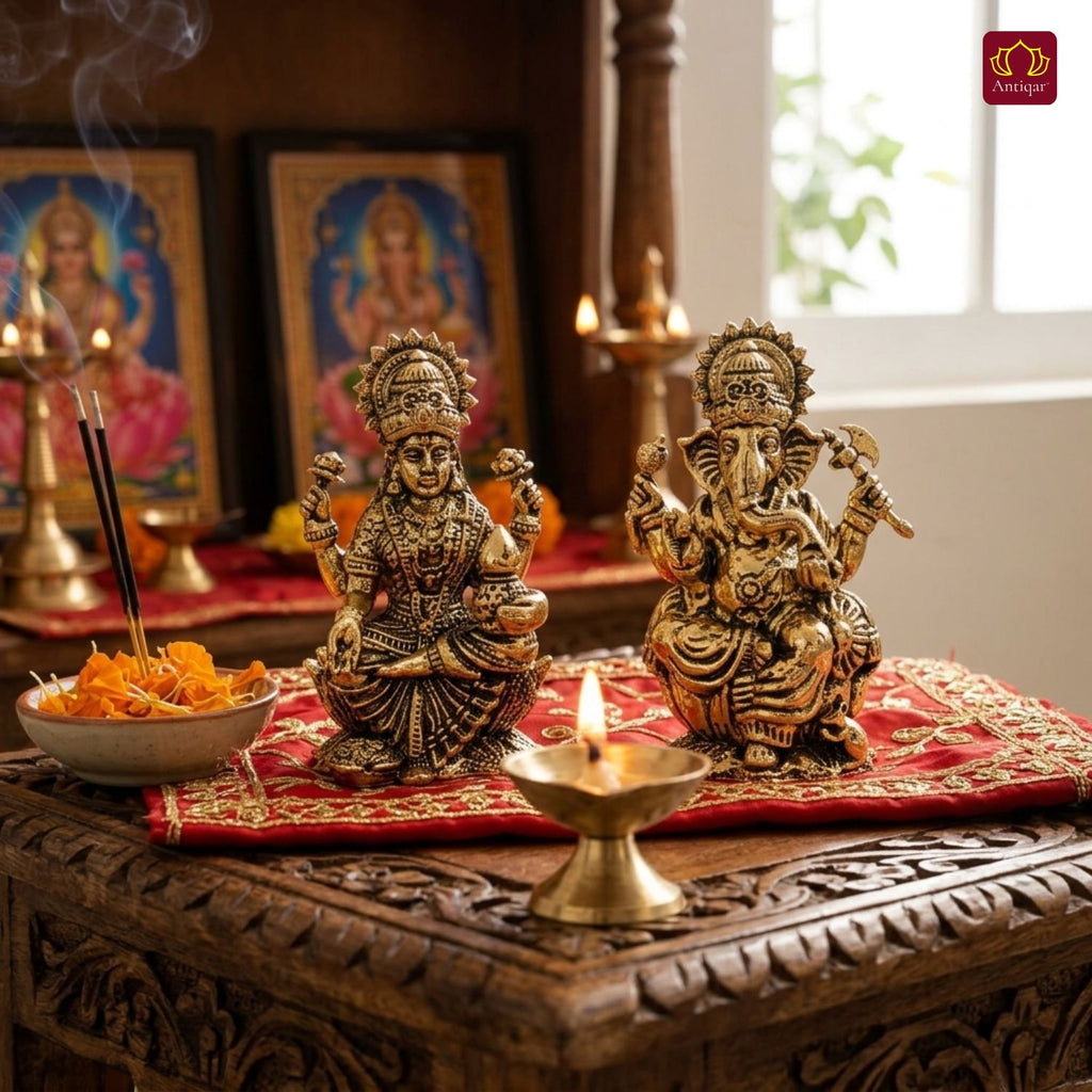 Brass Ganesh Laxmi Pair Idol - 4 cm | Golden Finish | Spiritual Idol for Temple & Home Decor