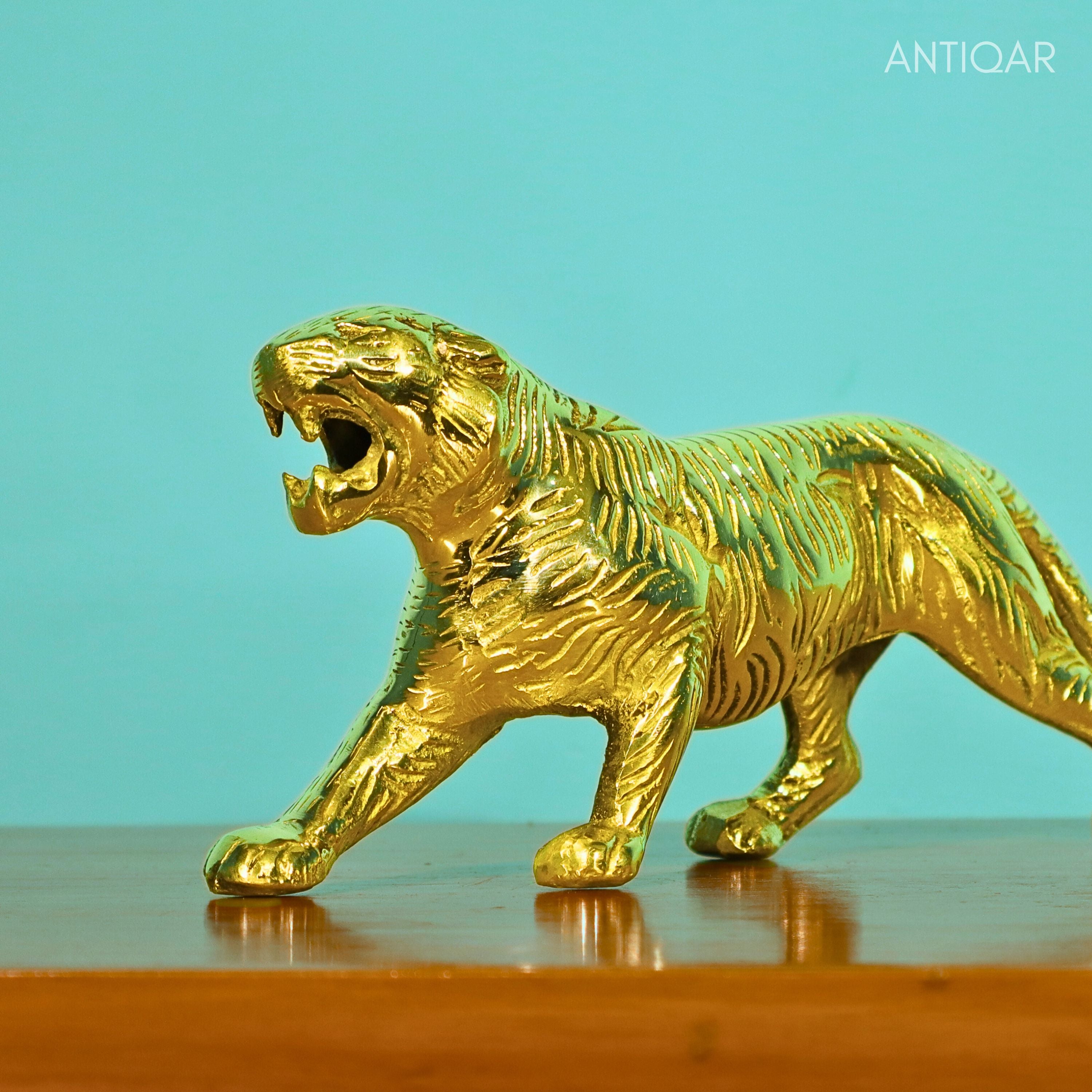 Brass Tiger Showpiece – 10cm | Antique Polished | Roaring Face in Walking Motion | Handcrafted for Home & Office Decor