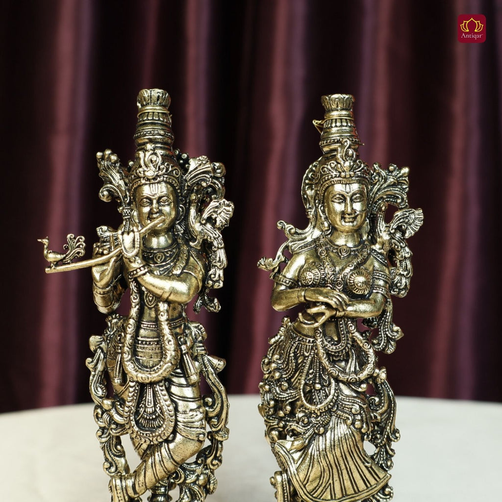 Brass Designer Radhakrishna Idol - 15cm | Antique Finish | Spiritual Idol for Temple & Home Decor