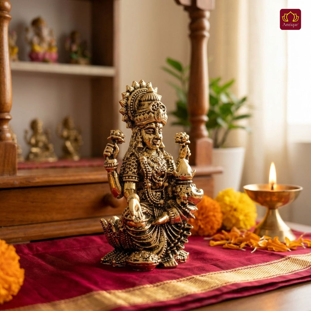 Brass Lakshmi JI Idol - 5cm | Golden Finish | Spiritual Decor for Temple, Home & Car Dashboard